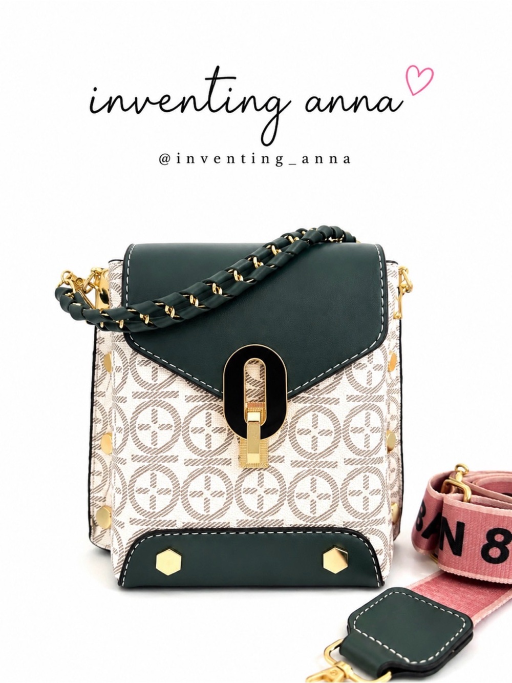 Accessorize Green Flap Crossbody Bag with Monogram Print & Pink Strap